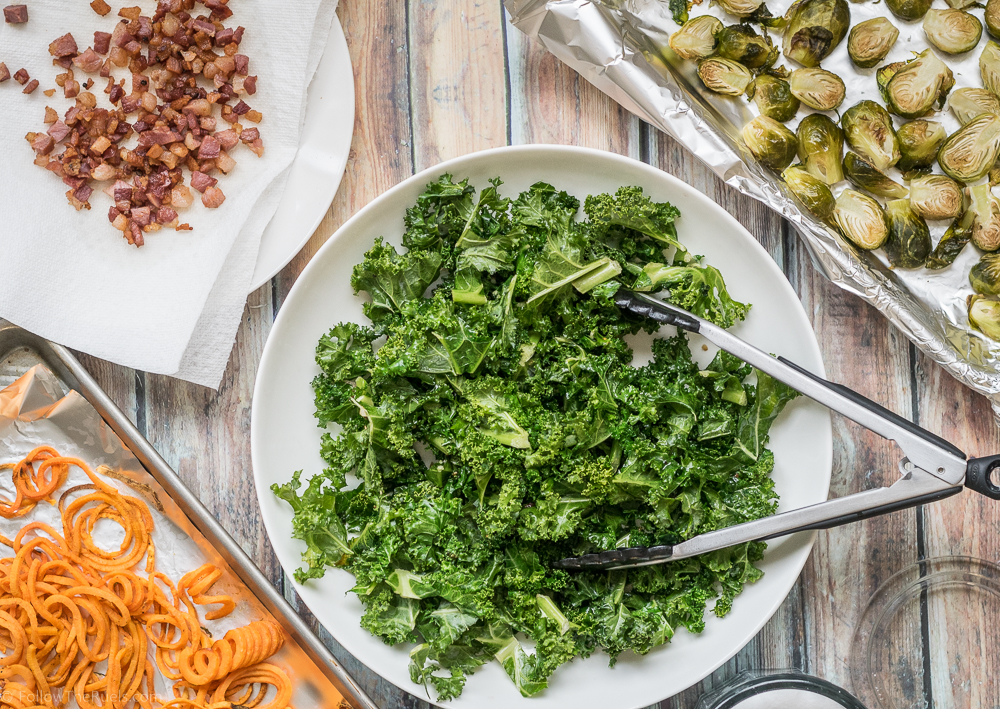 Warm Kale Salad with Sweet Potato and Brussels Sprouts