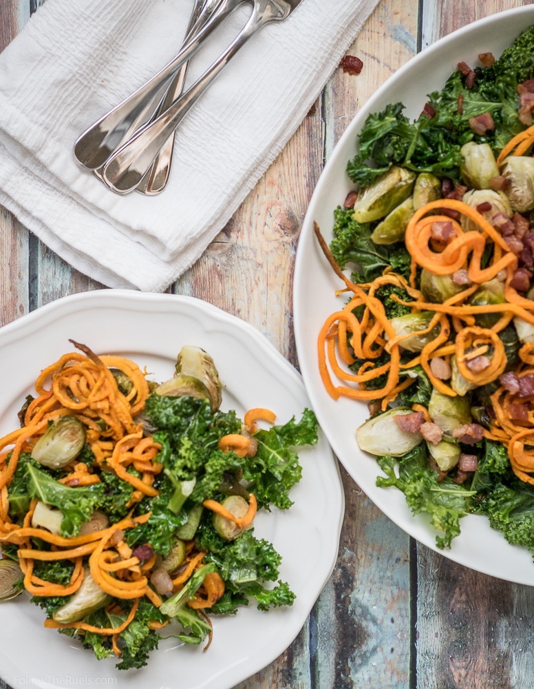 Warm Kale, Sweet Potato and Brussels Sprouts Salad with Pancetta