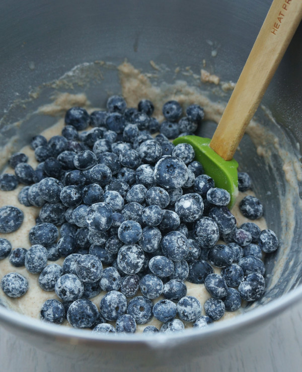 Blueberries tossed in flour so they don't sink